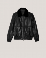 Black nappa leather jacket with fur collar