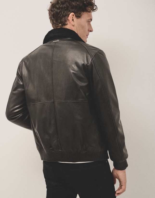 Black nappa leather jacket with fur collar