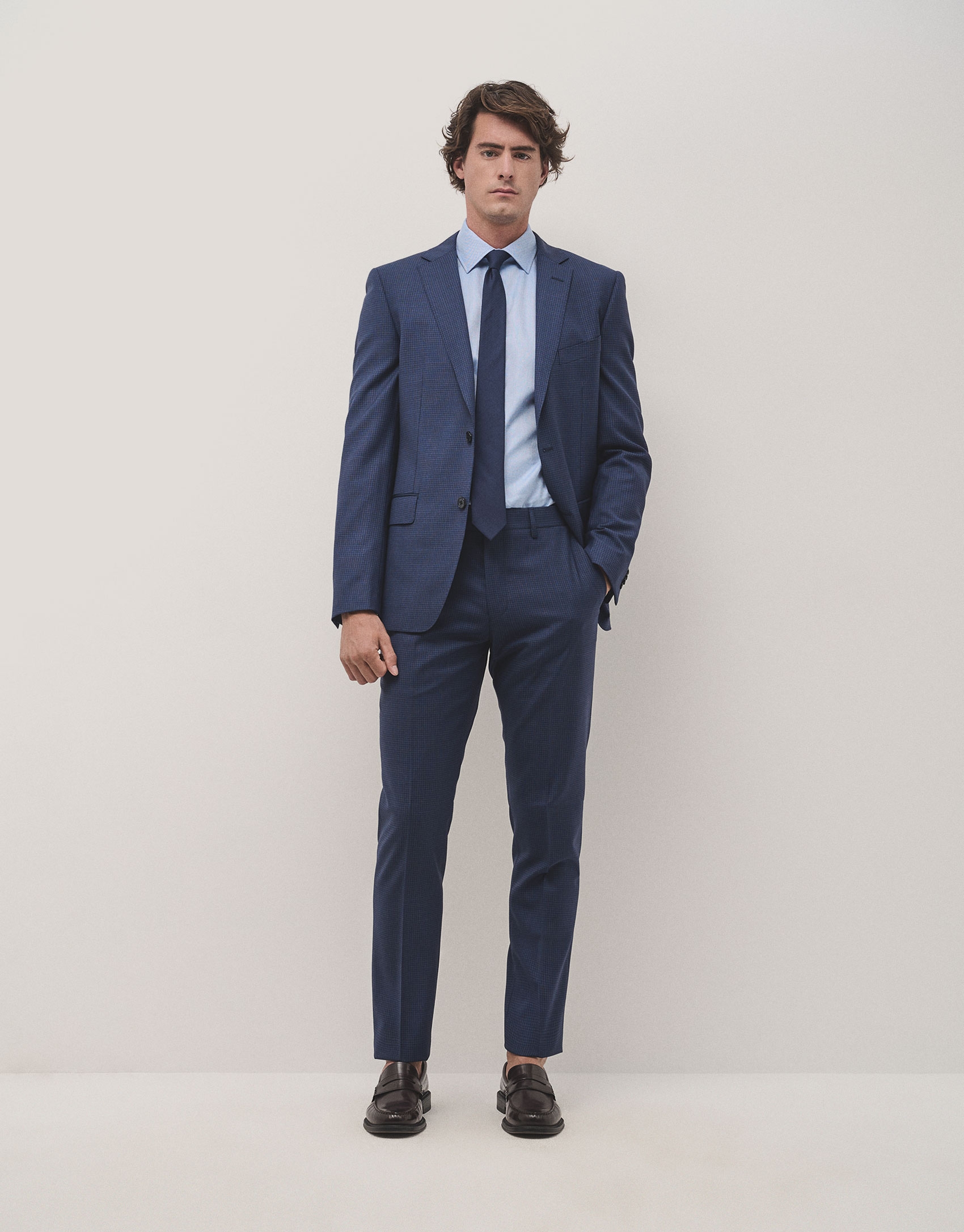 Half canvas slim fit micro checkered blue suit