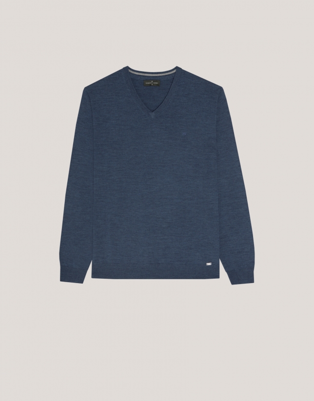 Medium blue wool sweater with V-neck 