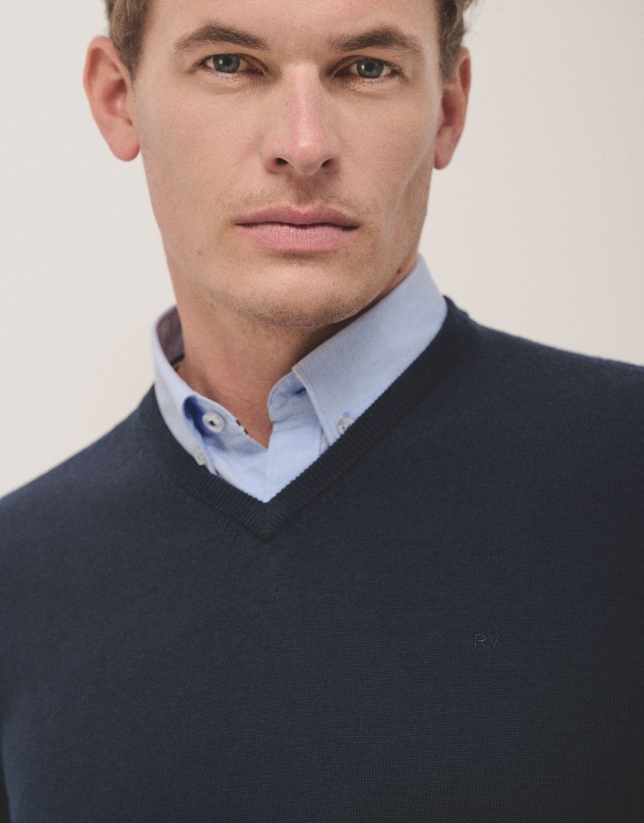 Navy blue wool sweater with V-neck 