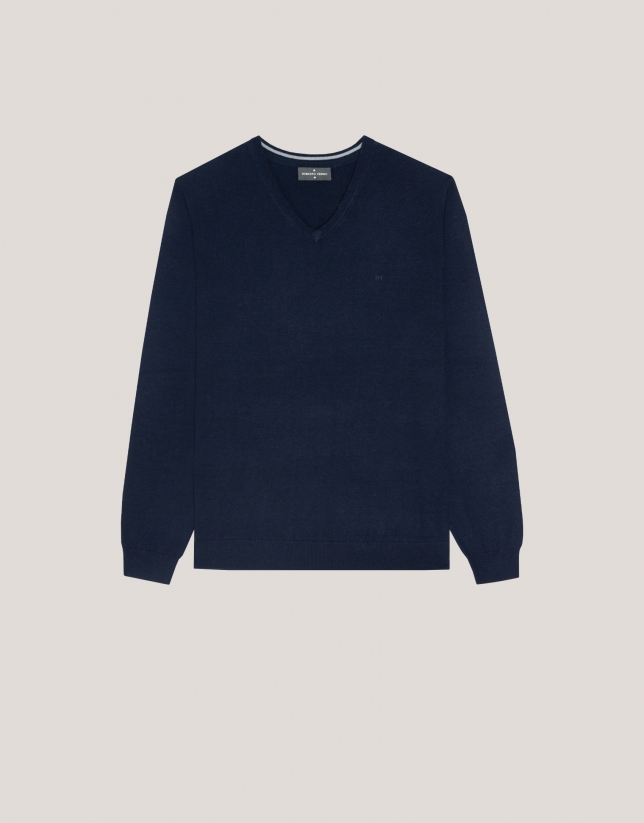 Navy blue wool sweater with V-neck 