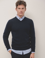 Navy blue wool sweater with V-neck 