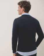 Navy blue wool sweater with V-neck 