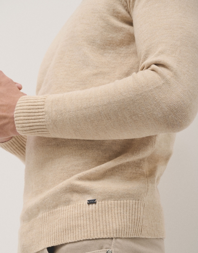 Sand-coloured melange sweater with turtle neck