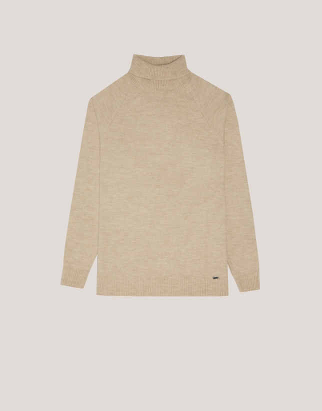 Sand-coloured melange sweater with turtle neck