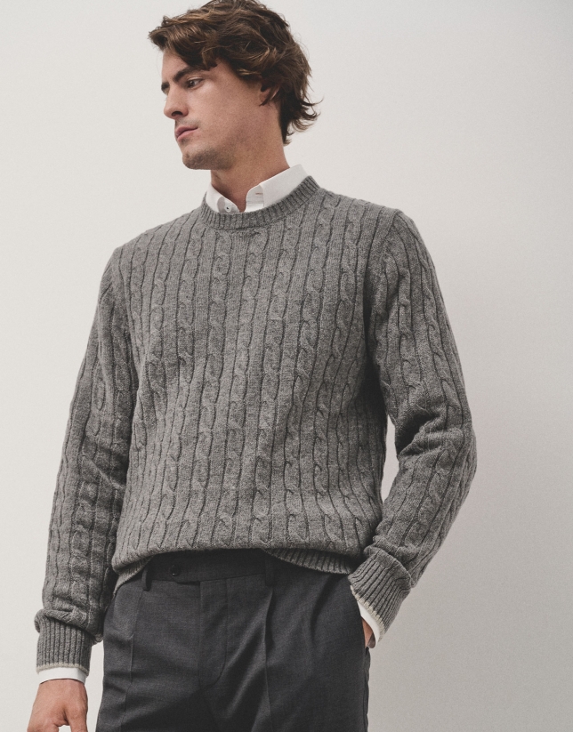 Grey melange cable-stitched sweater