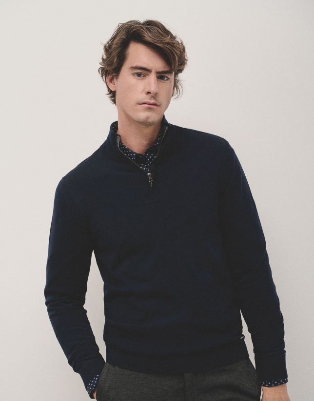 Navy blue wool jumper with zip collar