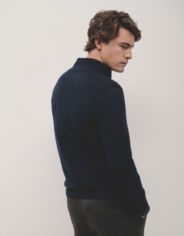 Navy blue wool jumper with zip collar