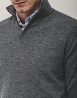 Grey melange wool jumper with zip collar