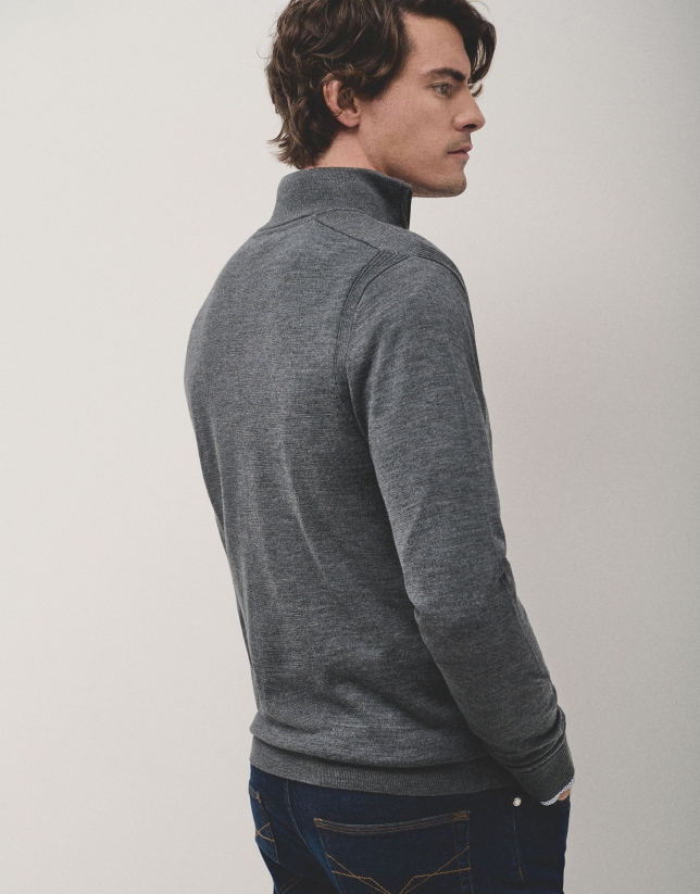 Grey melange wool jumper with zip collar