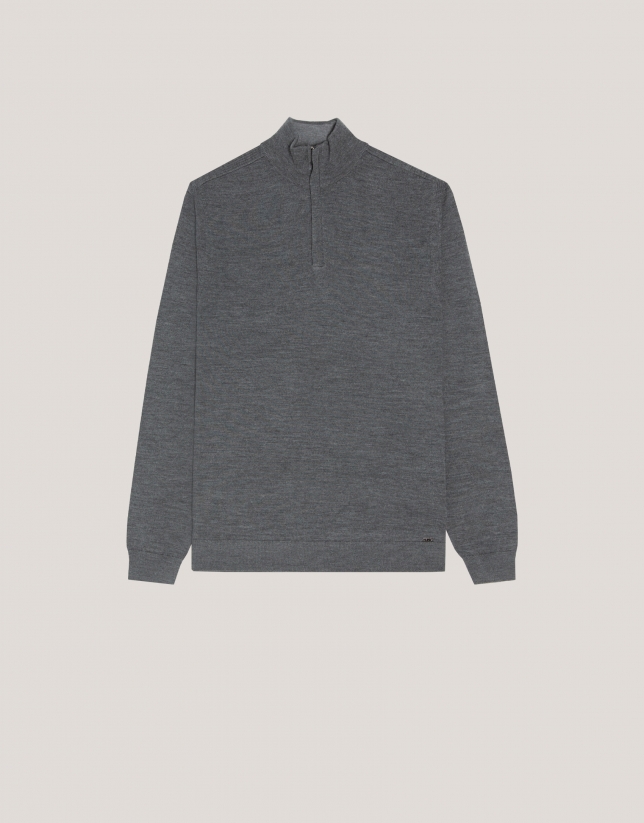 Grey melange wool jumper with zip collar