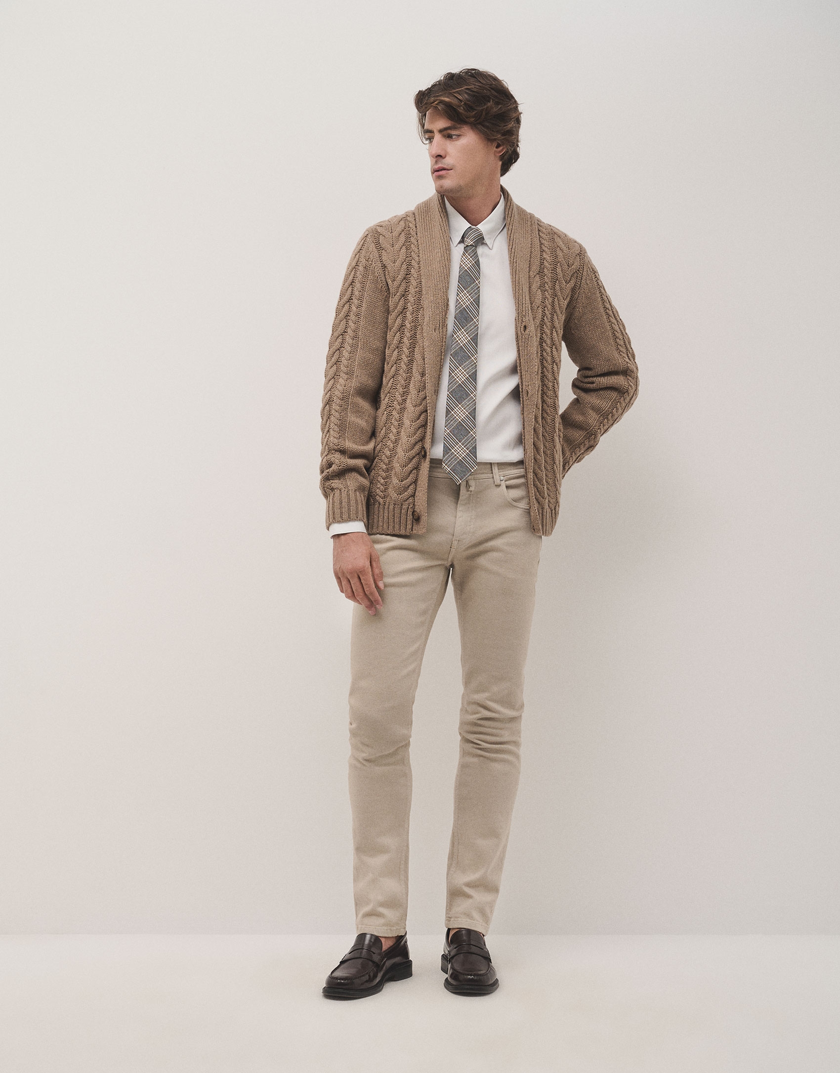 Camel melange cable knit jacket