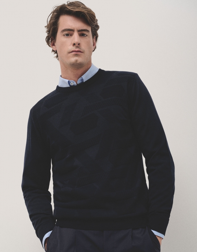 Navy round neck structured jumper