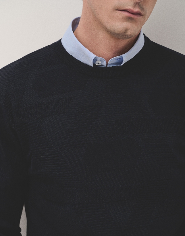 Navy round neck structured jumper