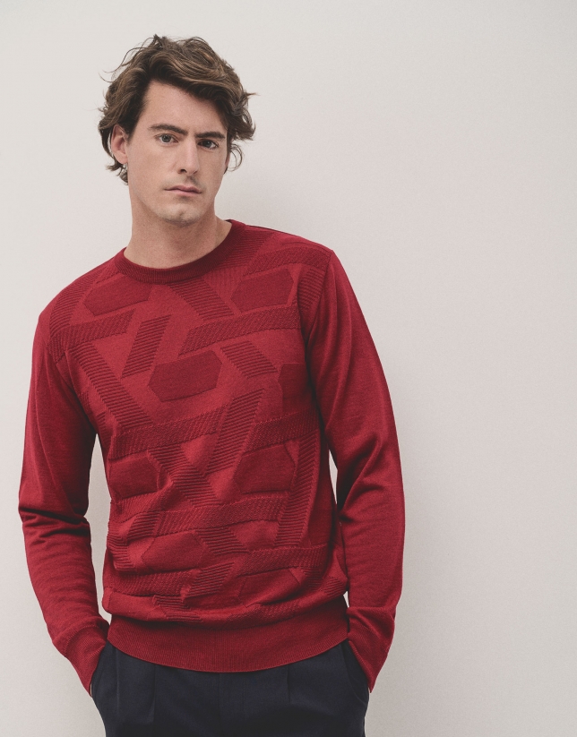 Red round neck structured jumper