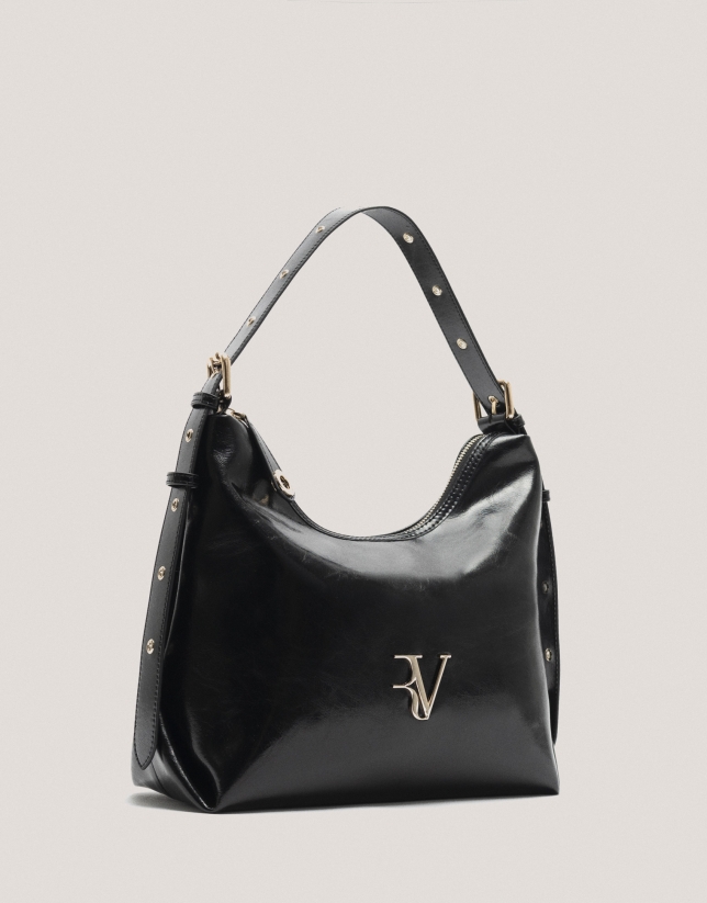 Black cracked leather Margot Metal hobo bag