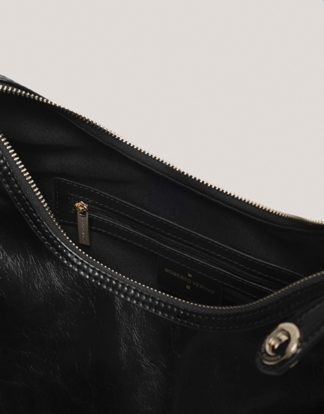 Black cracked leather Margot Metal hobo bag