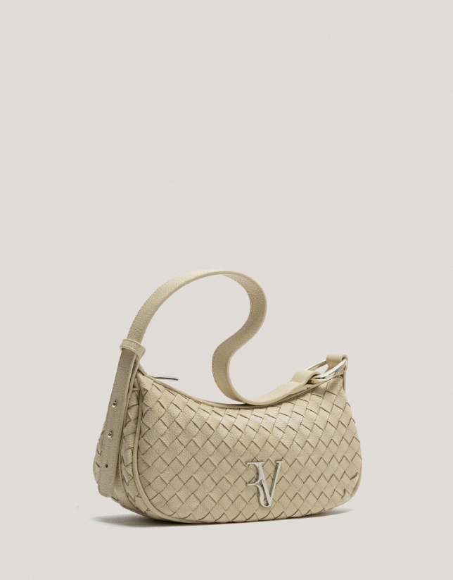 Beige braided leather Erea Moon shoulder bag