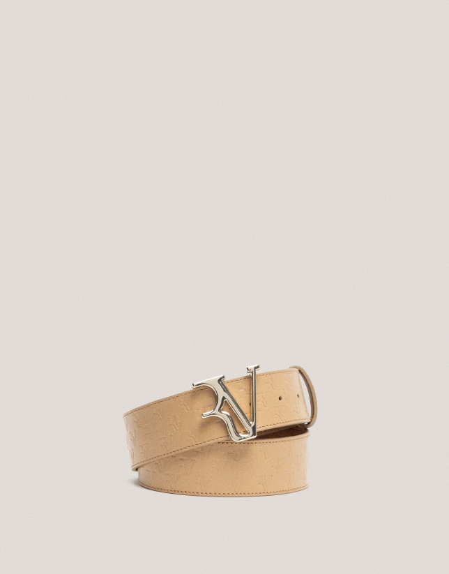 Camel leather belt with embossed RV logo