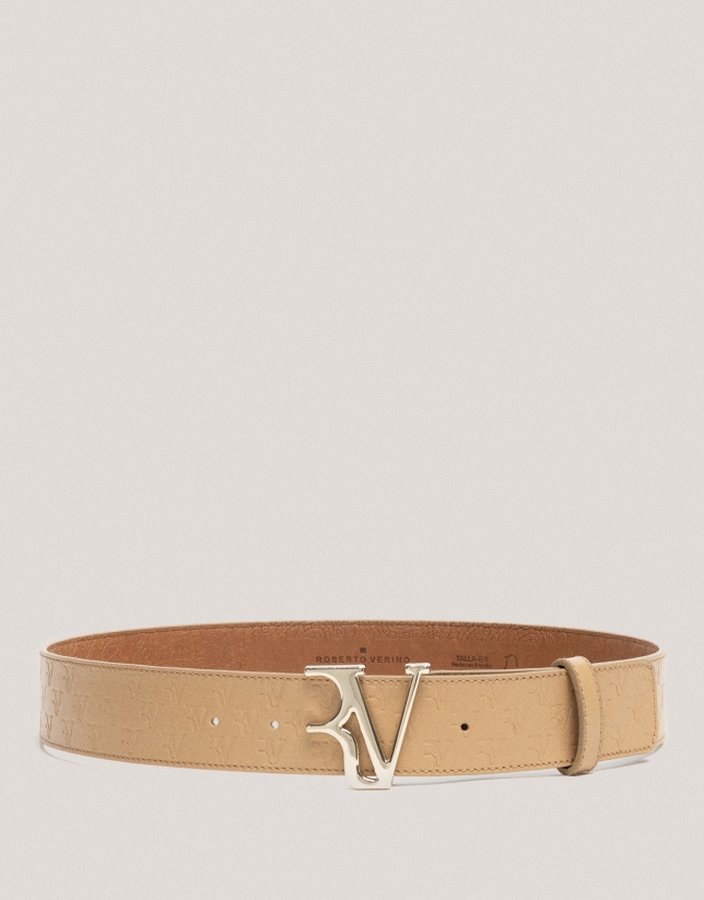 Brown leather belt with embossed RV logo