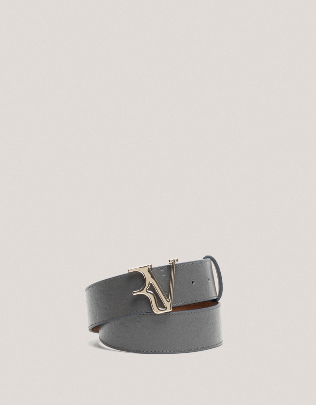 Gray leather belt with embossed RV logo