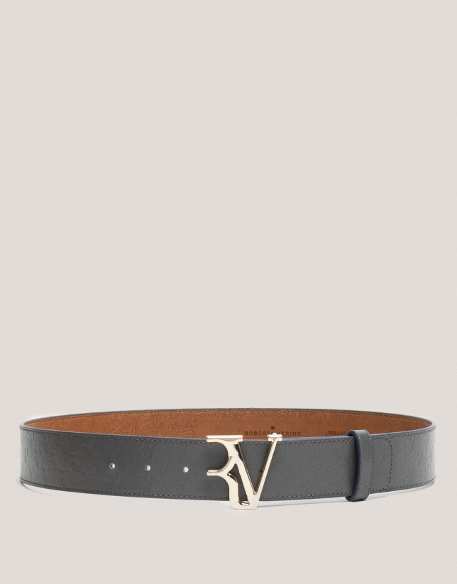 Gray leather belt with embossed RV logo