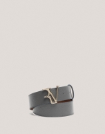 Gray leather belt with embossed RV logo