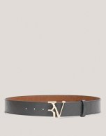 Gray leather belt with embossed RV logo