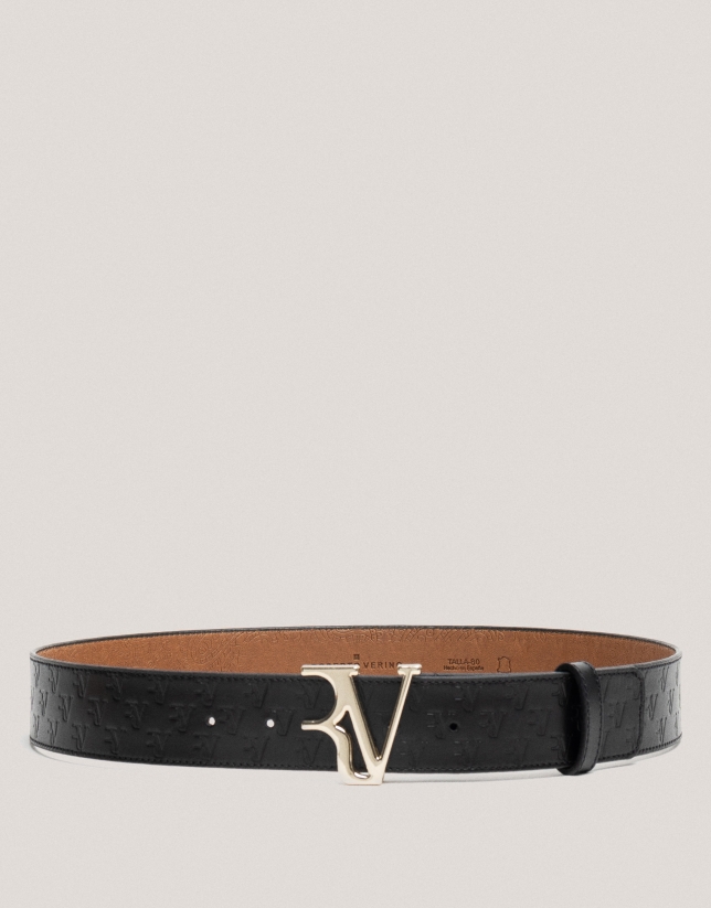 Black leather belt with embossed RV logo