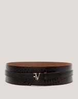 Wide sash belt engraved coco leather brown