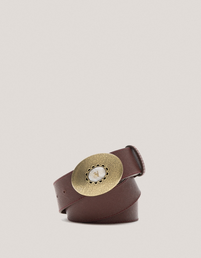 Reddish brown saffiano leather belt with jewel buckle