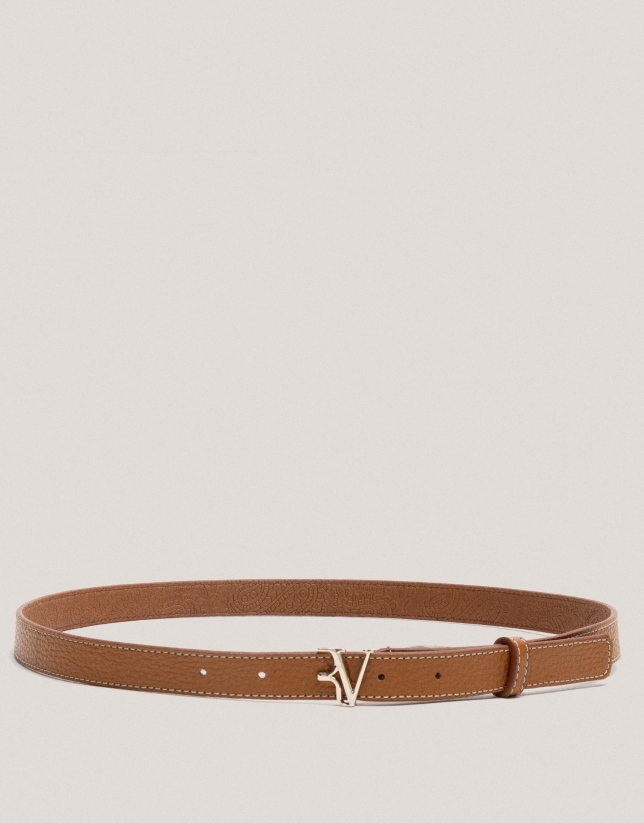 Narrow camel leather belt with back-stitching