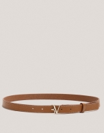 Narrow camel leather belt with back-stitching