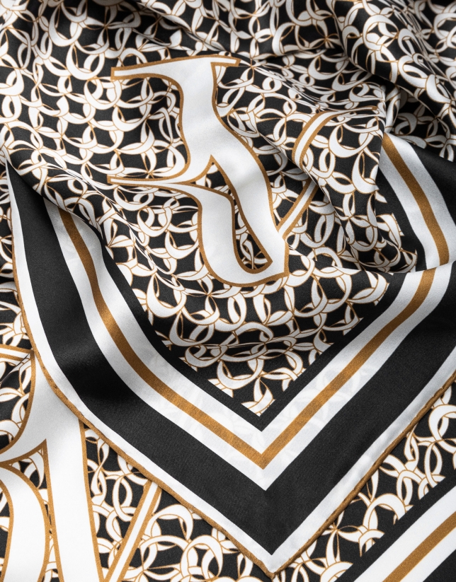 Black and camel silk scarf with chain print 