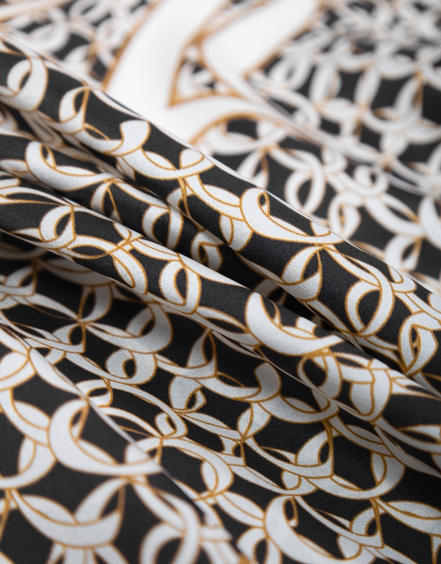 Black and camel silk scarf with chain print 