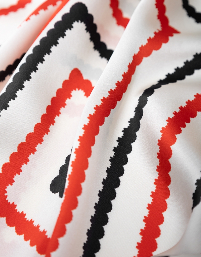 Beige silk scarf with wavy red and black bands