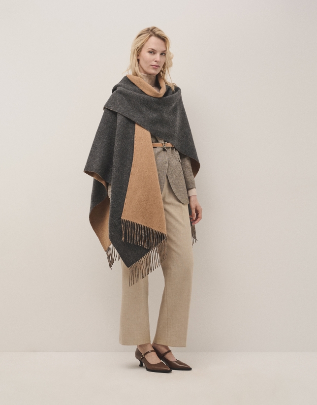 Reversible gray and camel poncho