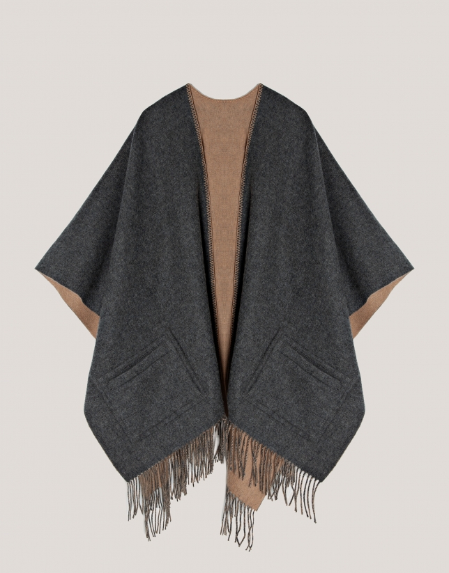 Reversible gray and camel poncho