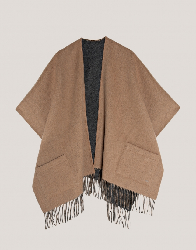 Reversible gray and camel poncho