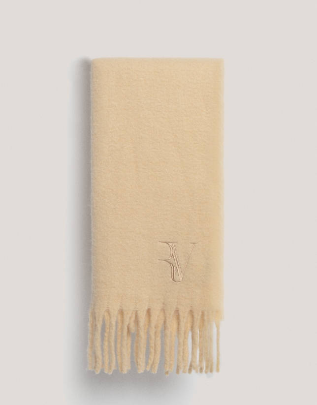 Light yellow wool scarf with embroidered RV logo 