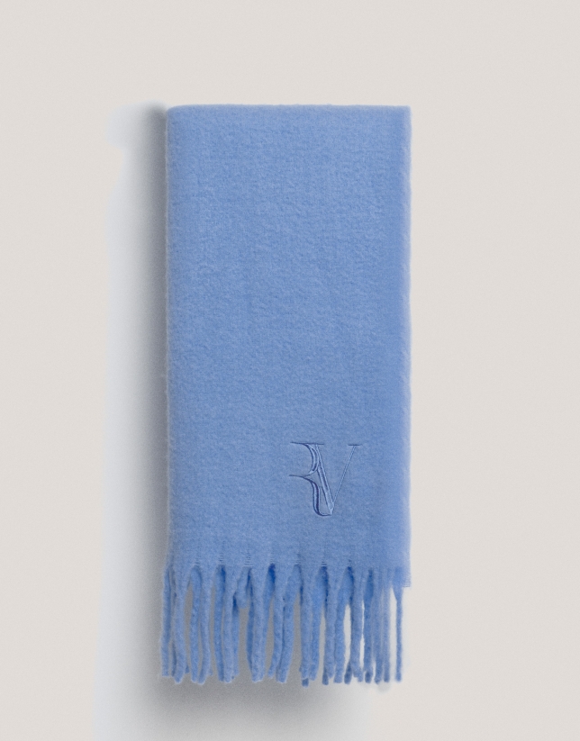 Blue wool scarf with embroidered RV logo 