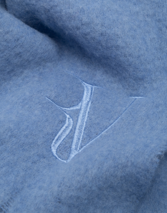 Blue wool scarf with embroidered RV logo 