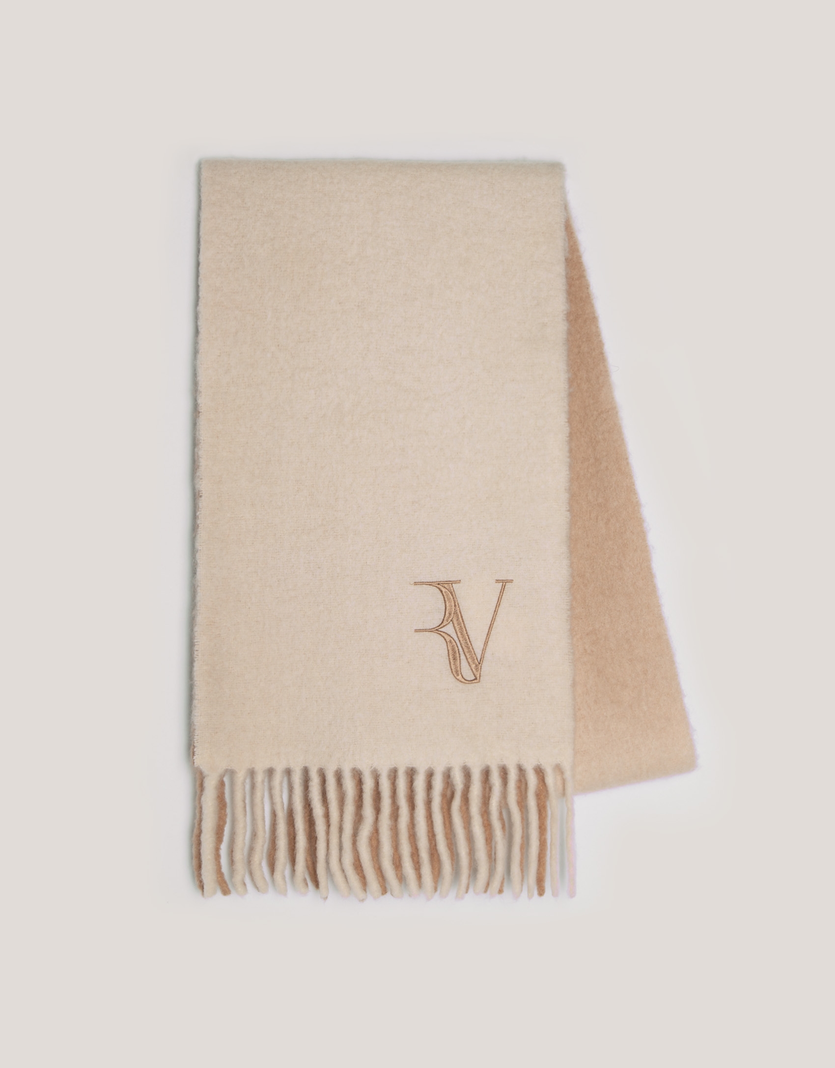 Faded camel wool and alpaca scarf with RV logo