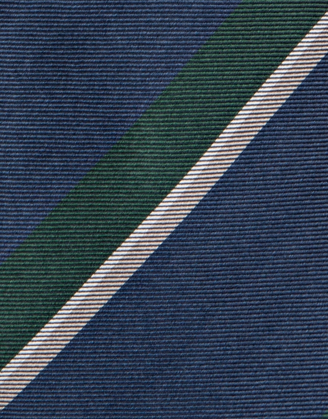 Navy blue, green and white striped tie