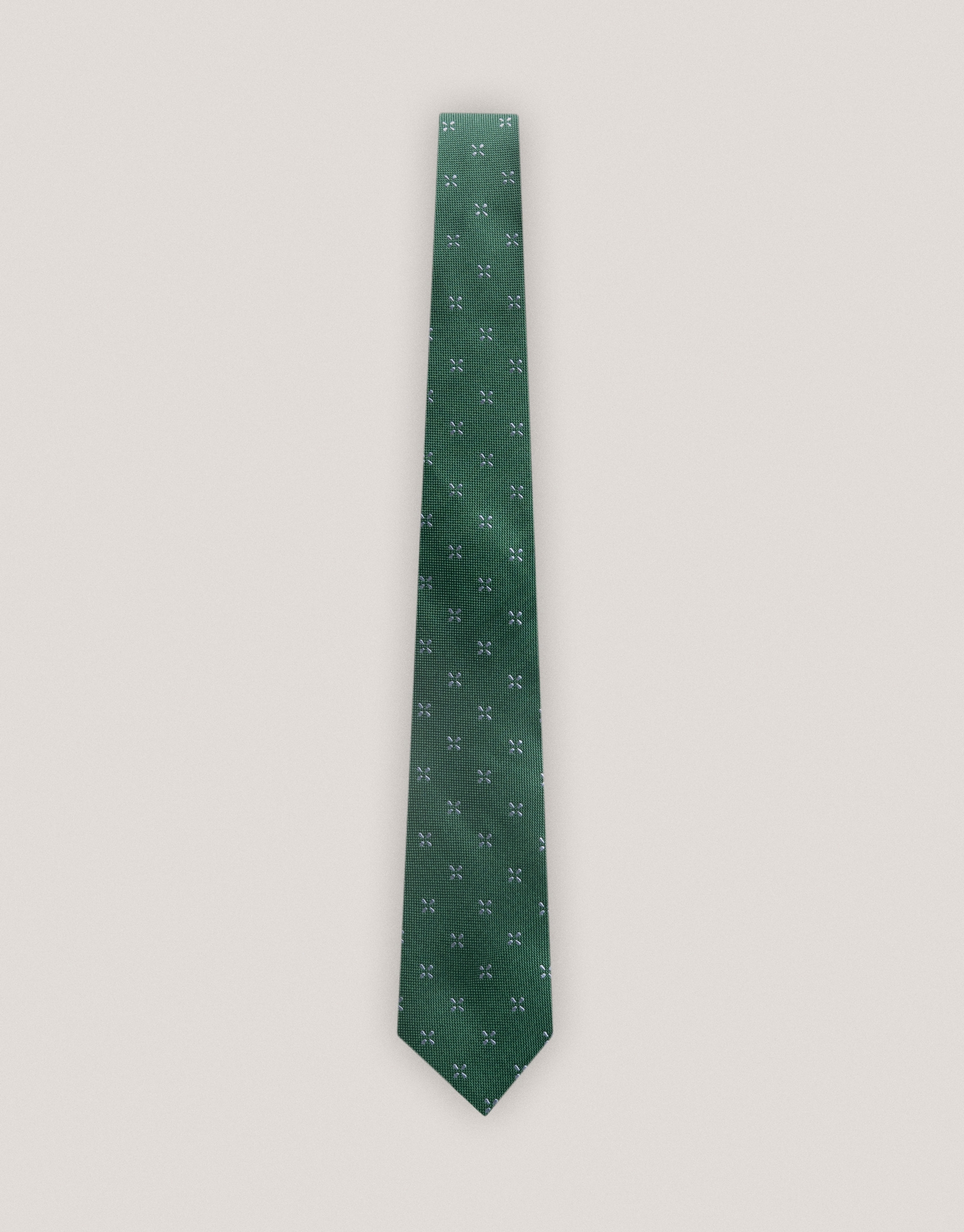 Green silk tie with white floral jacquard