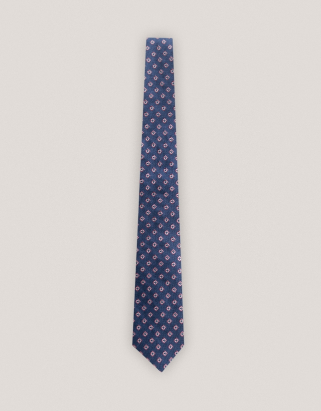 Blue silk tie with pink jacquard