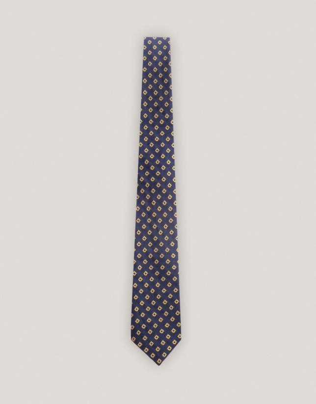 Navy blue silk tie with yellow jacquard 