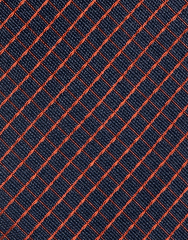 Navy blue silk tie with orange checkered print