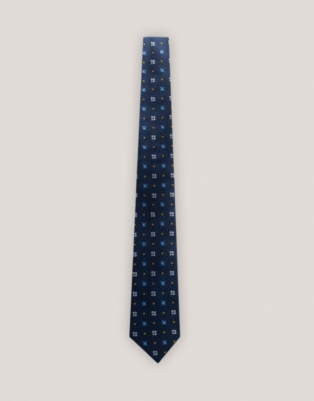 Navy blue silk tie with blue, gray and yellow jacquard 